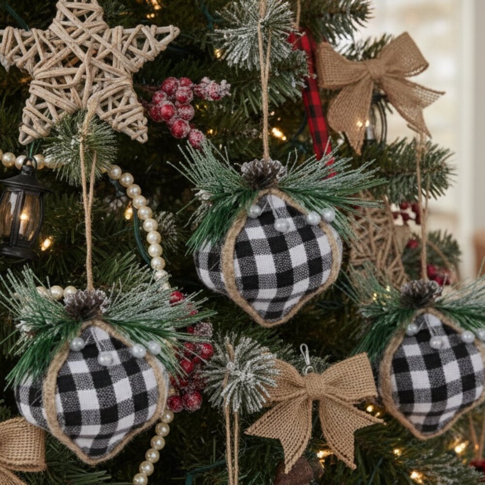 Black and White Buffalo Check Onion Ornaments Christmas Decoration 3 Count
